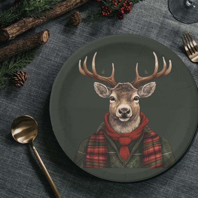 Rustic Farmhouse Plaid Deer And Green Paper Plates (Creator Uploaded)
