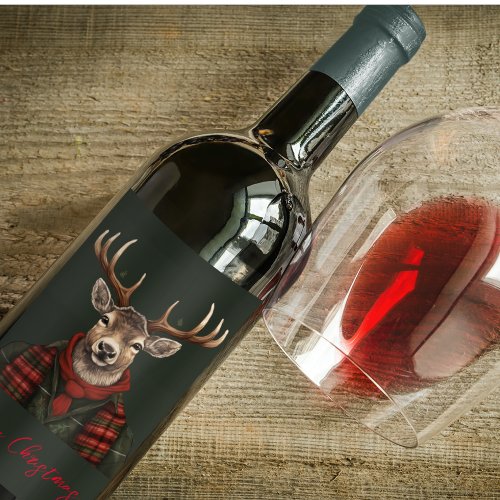 Rustic Farmhouse Plaid Deer And Green Wine Label