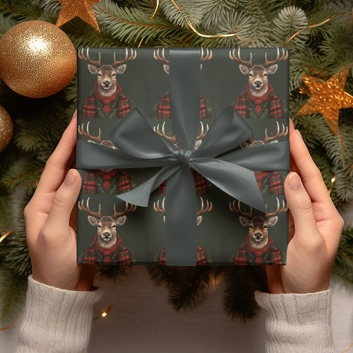 Rustic Farmhouse Plaid Deer And Green Wrapping Paper
