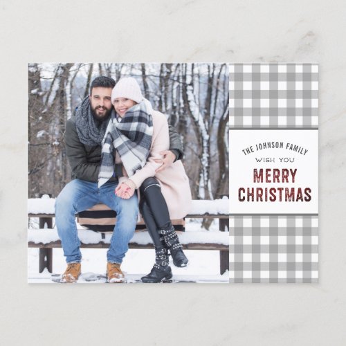 Rustic Farmhouse  Plaid Gray MERRY CHRISTMAS Holiday Postcard