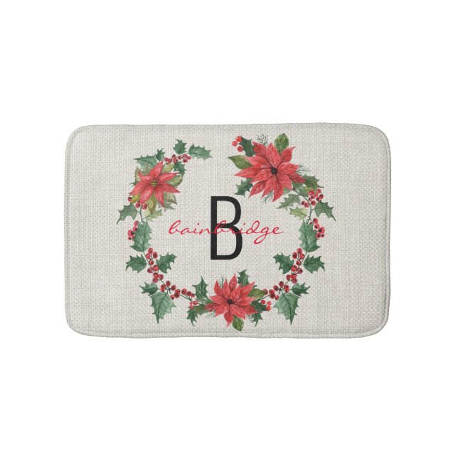 Rustic Farmhouse Poinsettia Wreath Name Christmas Bath Mat (Front)