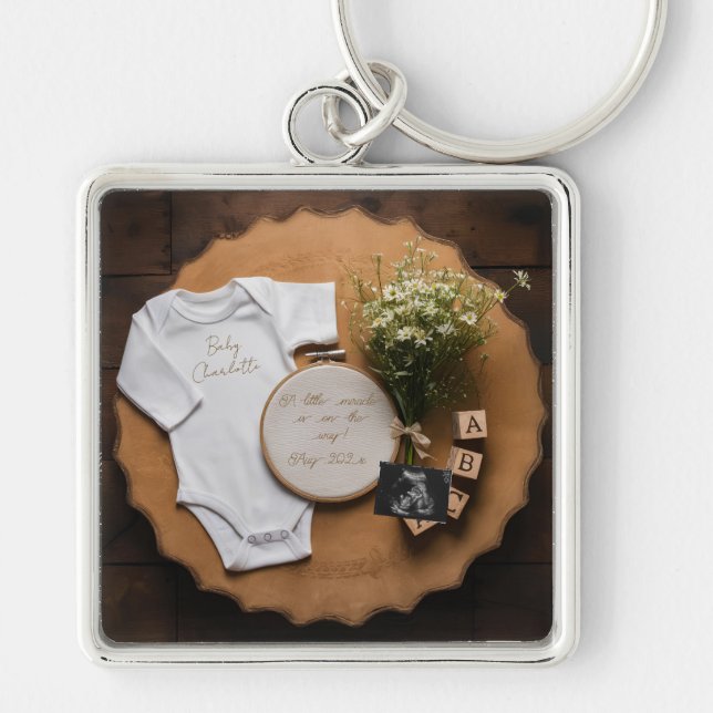 Rustic farmhouse Pregnancy Announcement keepsake  Keychain (Front)