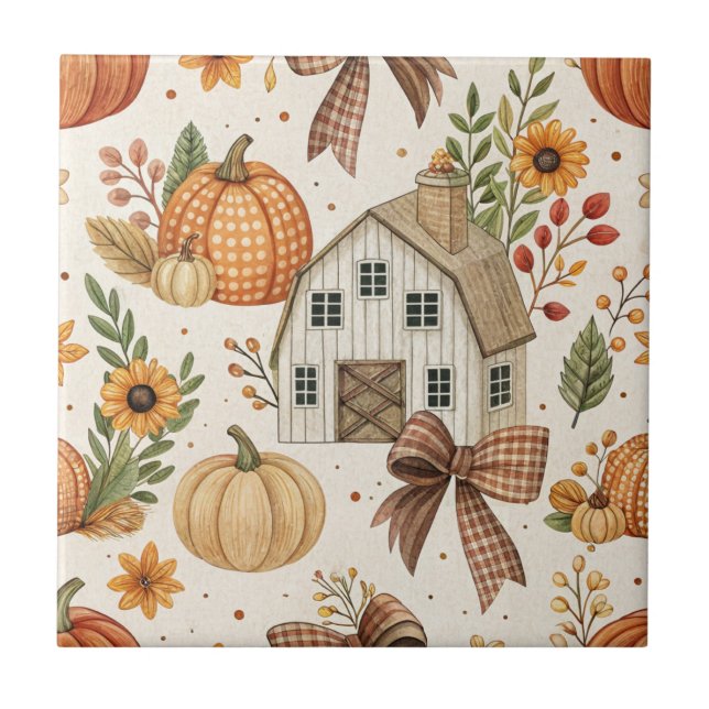 Rustic Farmhouse Pumpkin Autumn Pattern Ceramic Tile (Front)