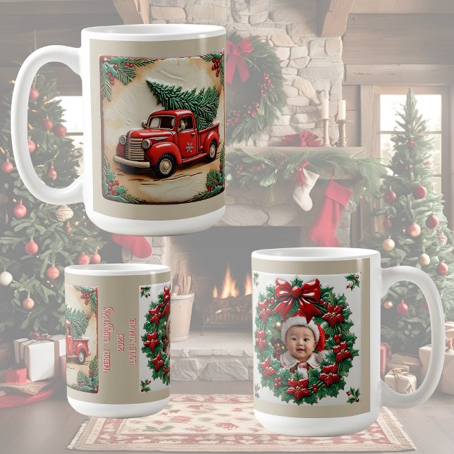Rustic Farmhouse Red Truck Christmas Customizable  Coffee Mug (Creator Uploaded)