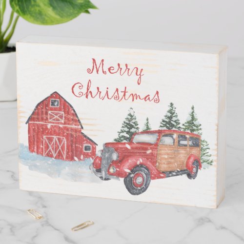 Rustic Farmhouse Red Woody Truck  Merry Christmas Wooden Box Sign