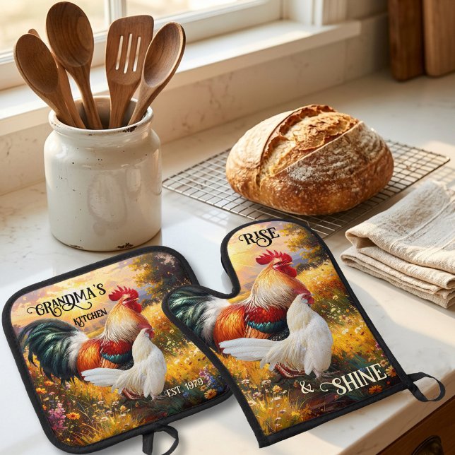 Rustic Farmhouse Rooster and Hen Personalized Oven Mitt & Pot Holder Set (Rustic Farmhouse Rooster and Hen Personalized Oven Mitt & Pot Holder Set)