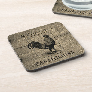 Rustic Farmhouse Rooster Barn Wood Family Name Beverage Coaster