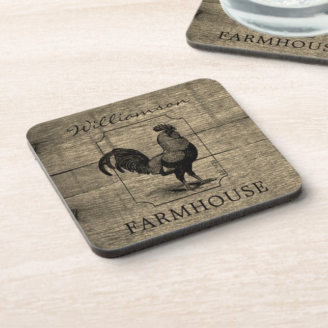 Rustic Farmhouse Rooster Barn Wood Family Name  Beverage Coaster (Left Side)
