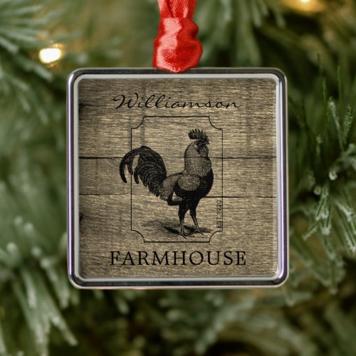 Rustic Farmhouse Rooster Barn Wood Family Name  Ce Metal Ornament