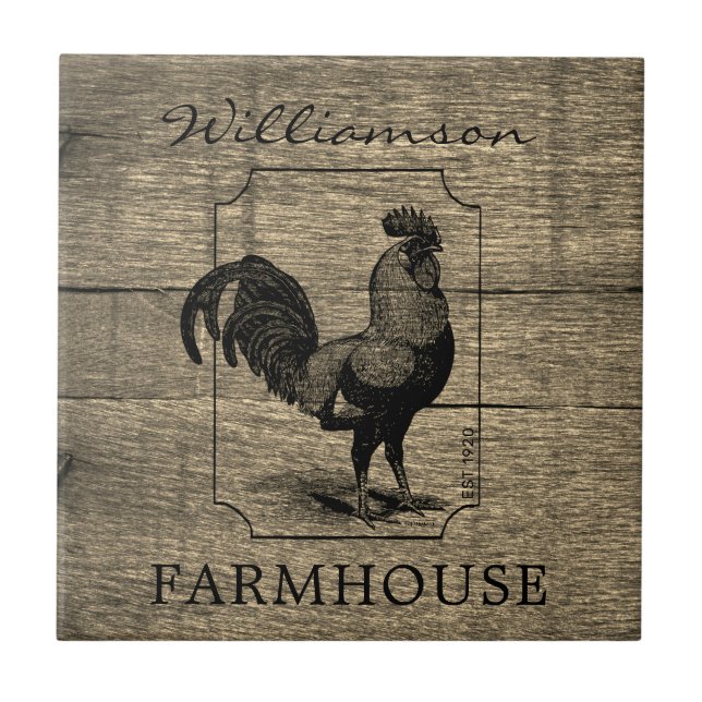 Rustic Farmhouse Rooster Barn Wood Family Name  Ceramic Tile (Front)