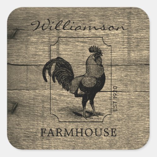 Rustic Farmhouse Rooster Barn Wood Family Name  Square Sticker