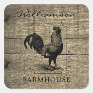 Rustic Farmhouse Rooster Barn Wood Family Name  Square Sticker