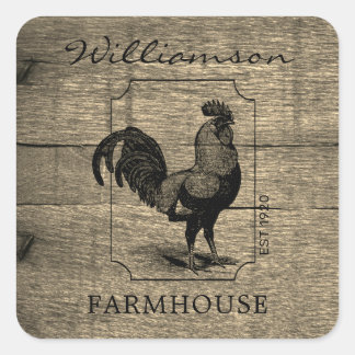 Rustic Farmhouse Rooster Barn Wood Family Name Square Sticker
