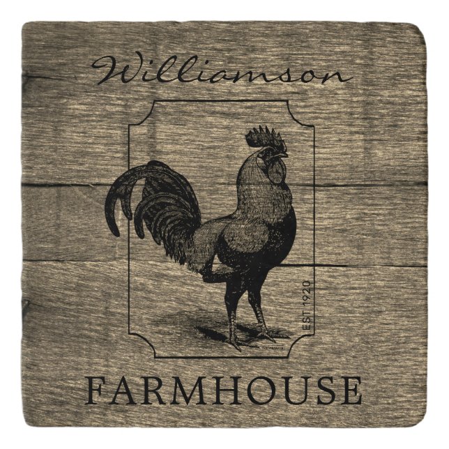 Rustic Farmhouse Rooster Barn Wood Family Name Trivet (Front)