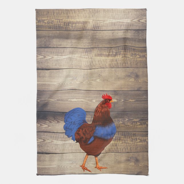 Rustic Farmhouse Rooster & Barn Wood Planks Kitchen Towel (Vertical)