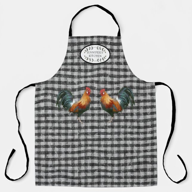 Rustic Farmhouse Rooster Black n White Kitchen Apron (Front)