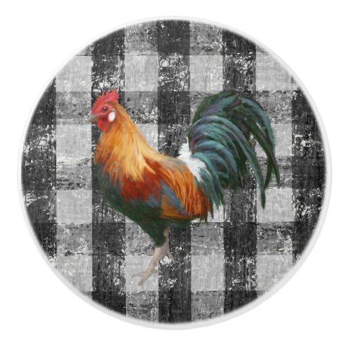 Rustic Farmhouse Rooster Black White Gingham Check Ceramic Knob