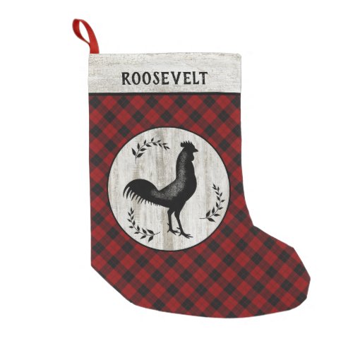 Rustic Farmhouse Rooster Buffalo Plaid Custom Name Small Christmas Stocking