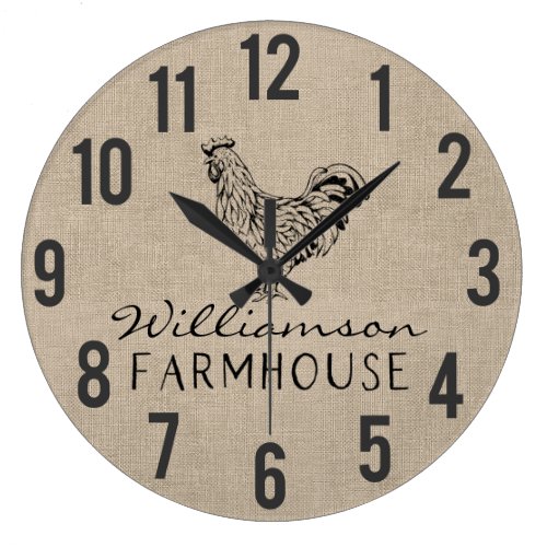 Rustic Farmhouse Rooster Burlap Family Name Large Large Clock