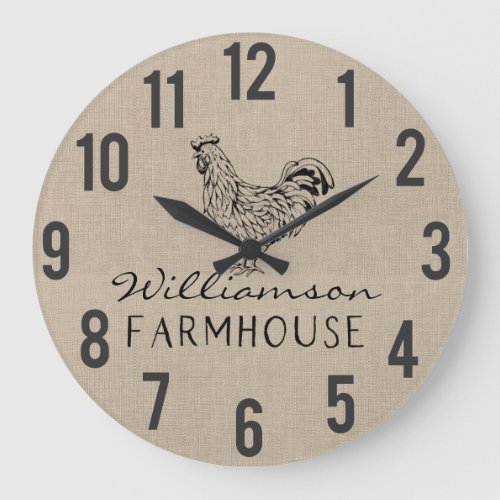 Rustic Farmhouse Rooster Burlap Family Name Large  Large Clock