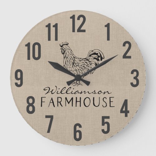 Rustic Farmhouse Rooster Burlap Family Name Large  Large Clock