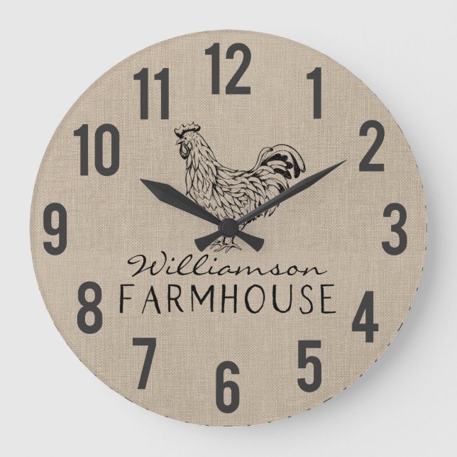 Rustic Farmhouse Rooster Burlap Family Name Large  Large Clock (Front)