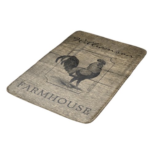 Rustic Farmhouse Rooster Family Name Barn Wood   Bath Mat