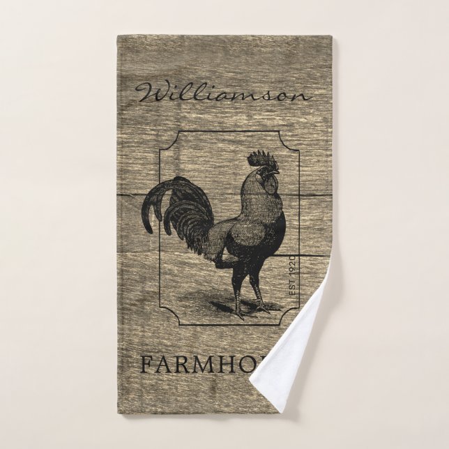 Rustic Farmhouse Rooster Family Name Barn Wood   Hand Towel (Hand Towel)