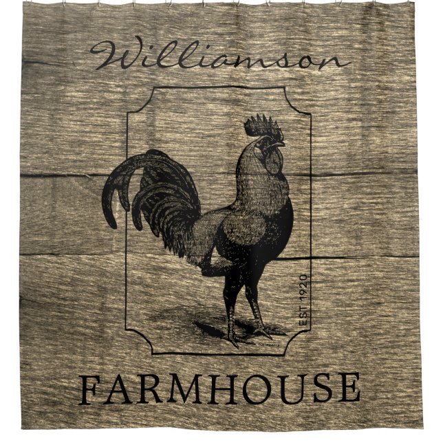 Rustic Farmhouse Rooster Family Name Barn Wood  Shower Curtain (Front)