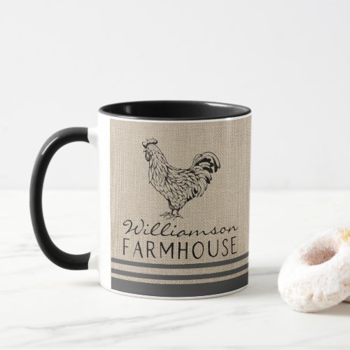 Rustic Farmhouse Rooster Family Name Burlap Mug