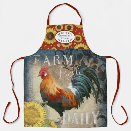 Rustic Farmhouse Rooster n Sunflowers Kitchen Name Apron