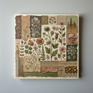 Rustic Farmhouse Sage Green Patchwork Quilt Floral Ceramic Tile