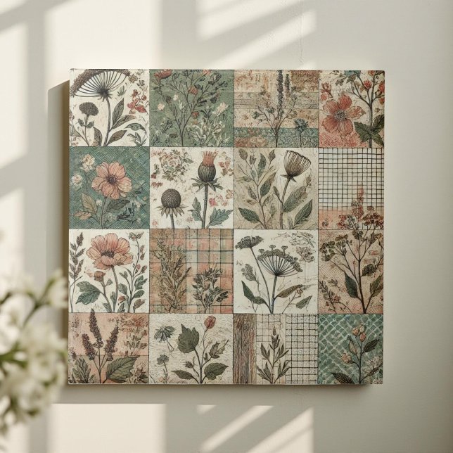 Rustic Farmhouse Sage Green Patchwork Quilt Floral Ceramic Tile (Creator Uploaded)