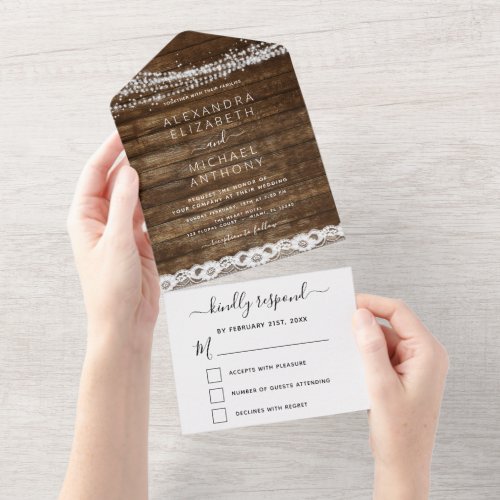 Rustic Farmhouse String Lights Lace Wedding All In All In One Invitation