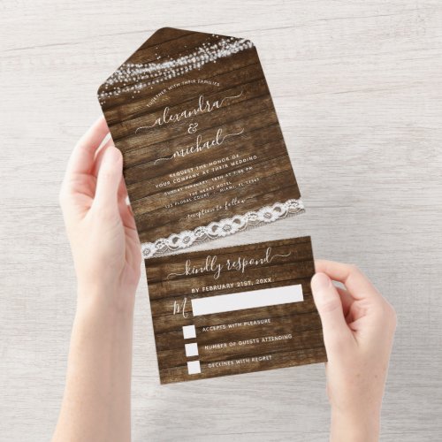 Rustic Farmhouse String Lights Lace Wedding RSVP All In One Invitation