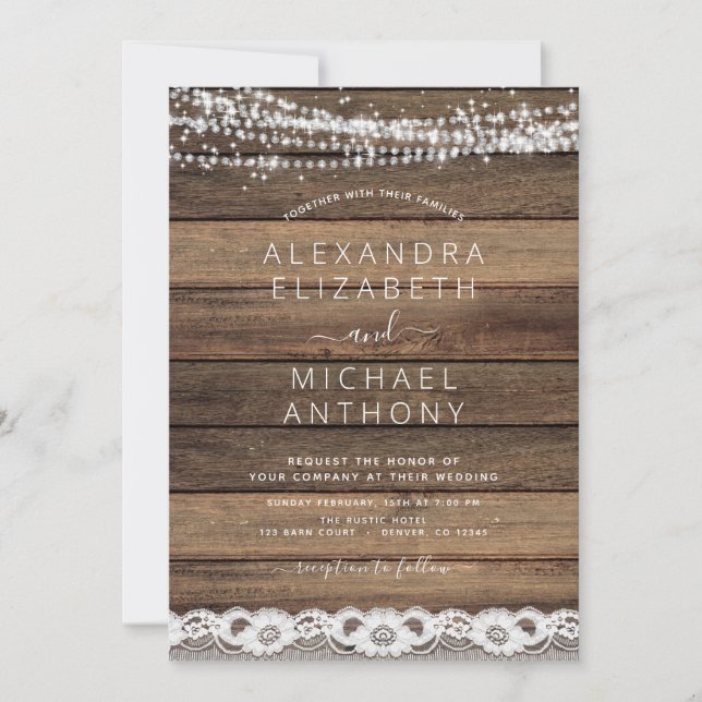 Rustic Farmhouse String Lights Lace Wood Wedding I Invitation (Front)