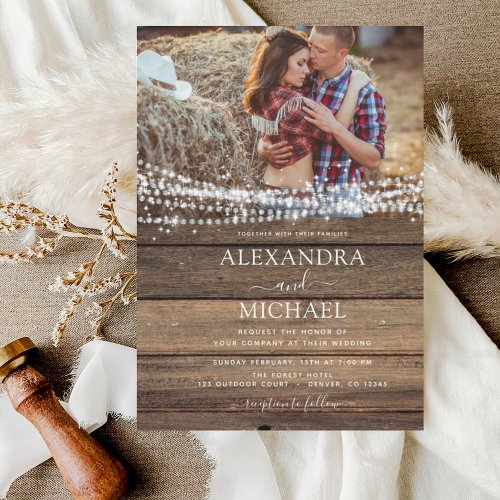 Rustic Farmhouse String Lights Photo Wedding Invitation