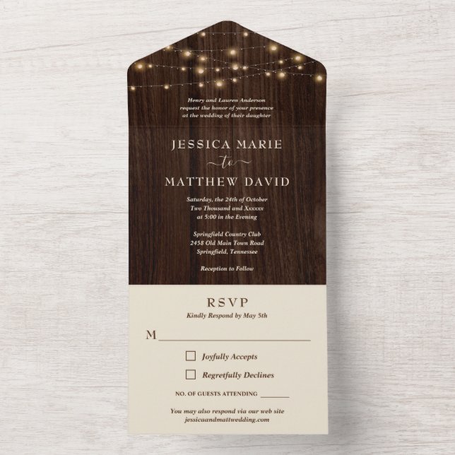 Rustic Farmhouse String Lights Wedding All In One Invitation (Inside)