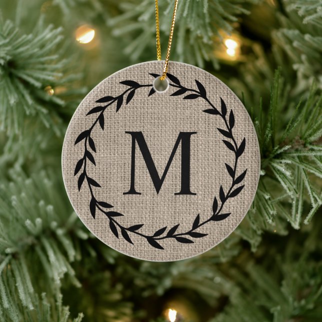 Rustic Farmhouse Style Burlap Holiday Monogrammed Ceramic Ornament (Tree)