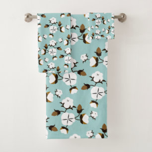 Rustic Farmhouse Style Cotton Flowers Teal Bath Towel Set