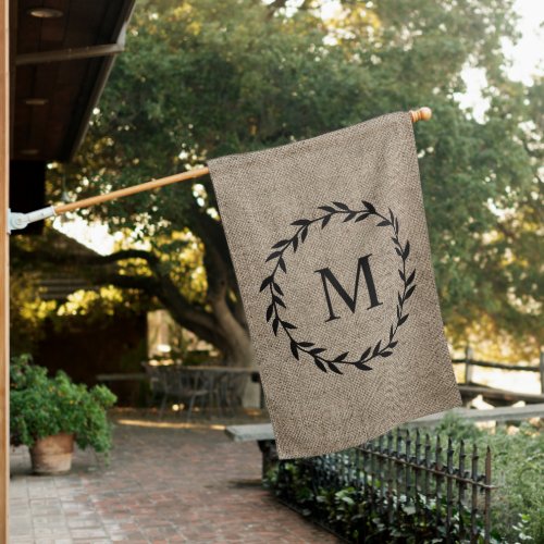 Rustic Farmhouse Style Laurel Wreath Monogram House Flag