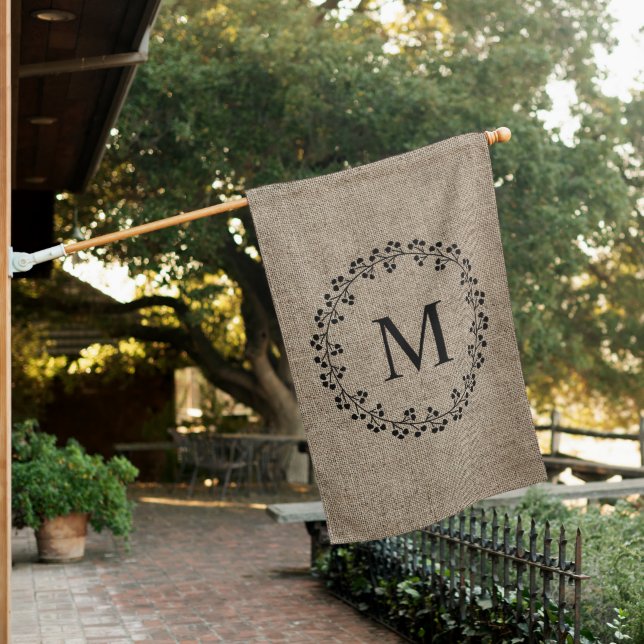 Rustic Farmhouse Style Laurel Wreath Monogram House Flag (In SItu)