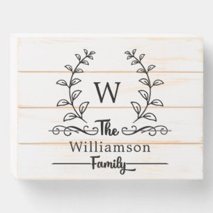 Rustic Farmhouse Style Laurels with Monogram Name Wooden Box Sign