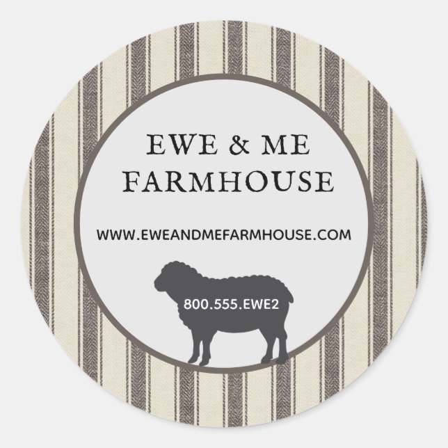 Rustic Farmhouse Style Sheep Black Tan Ticking  Classic Round Sticker (Front)