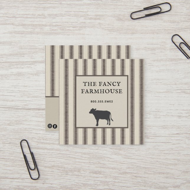Rustic Farmhouse Style Ticking  Square Business  Card (Front/Back In Situ)