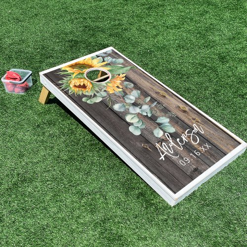 Rustic Farmhouse Sunflower Eucalyptus Wedding Cornhole Set