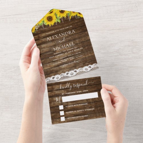 Rustic Farmhouse Sunflower Lace Wedding RSVP All In One Invitation