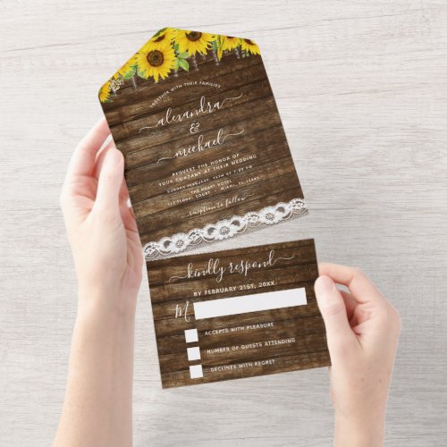 Rustic Farmhouse Sunflower Lace Wedding RSVP All In One Invitation