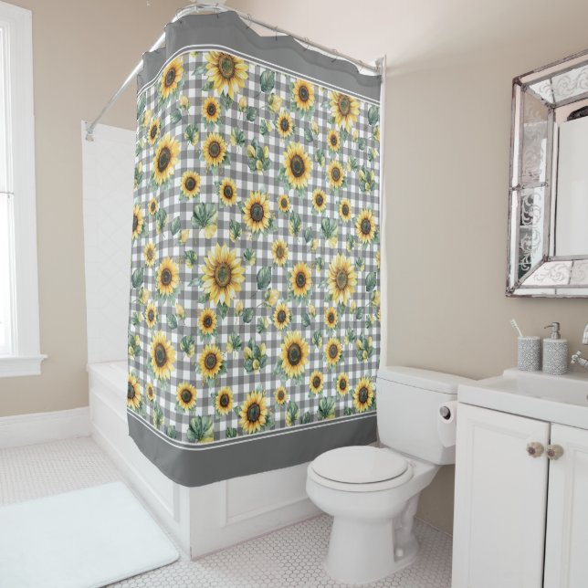 Rustic Farmhouse Sunflowers and Gingham  Shower Curtain (In Situ)