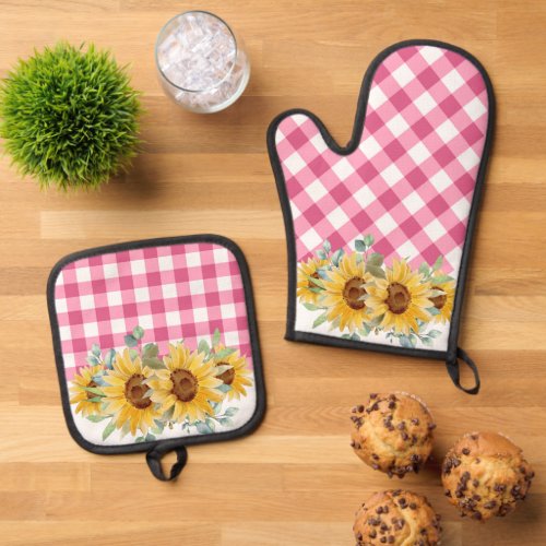 Rustic Farmhouse Sunflowers Pink Gingham  Oven Mitt  Pot Holder Set